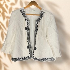 Dressbarn Blazer Women XL White Floral Embroidered Open Front Linen Lined Career