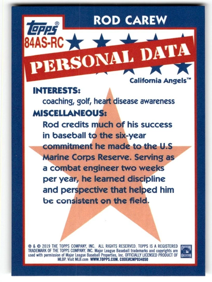 Rod Carew 2019 Topps '84 All-Stars #84AS-RC California Angels - Image 2 of 2