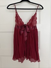 Victoria's Secret Medium Pleated Baby Doll Slip Lace Lingerie Burgundy VINTAGE