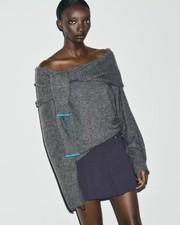 ZARA MARL GREY OFF-THE-SHOULDER BARDOT ASYMMETRIC  KNIT SWEATER XL