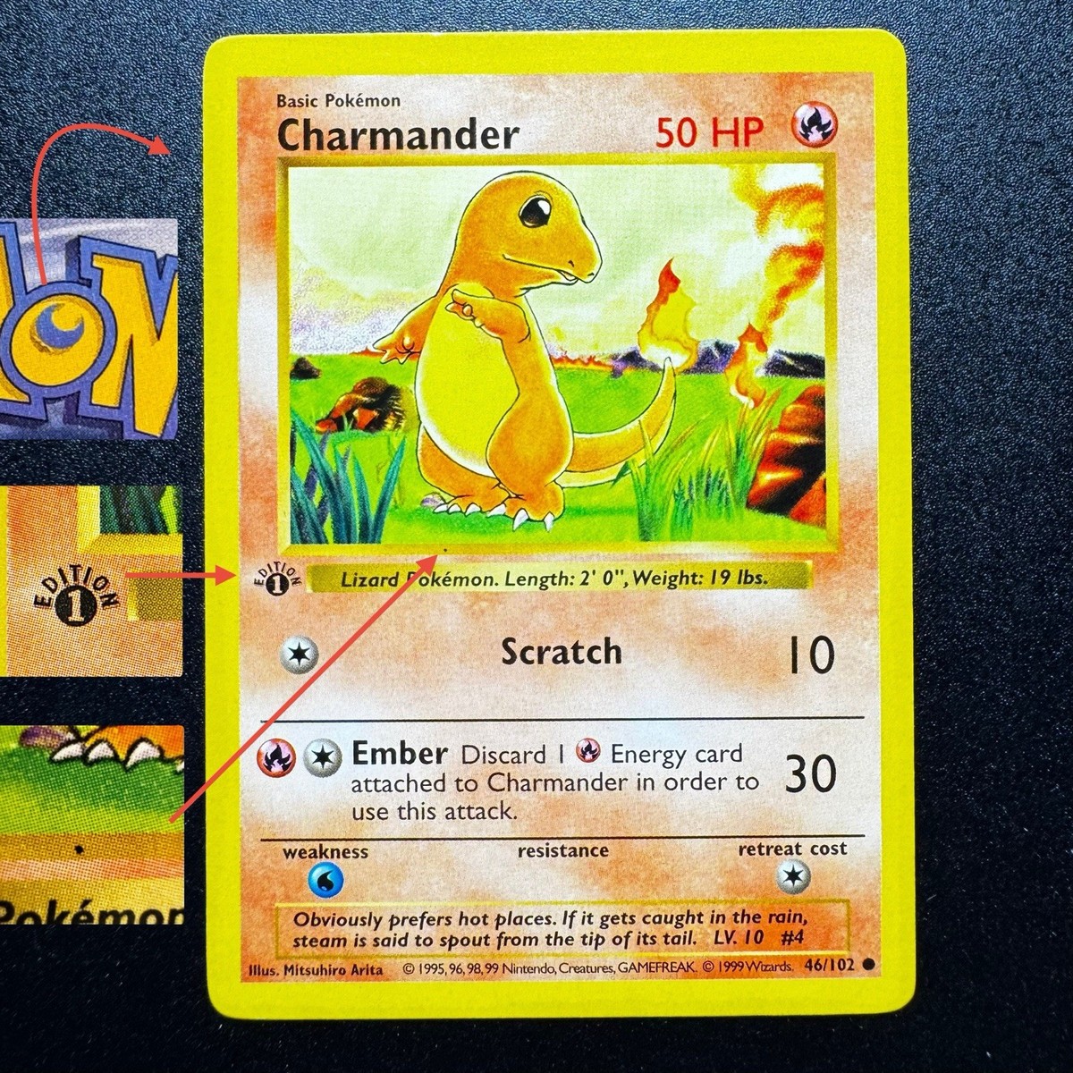 1st Ed. Shadowless Base Set Charmander 46/102 MINT Errors 3D Thick