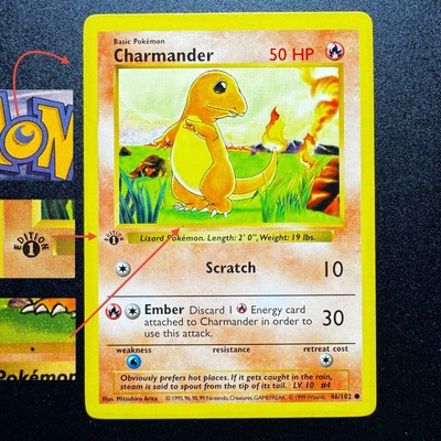 1st Ed. Shadowless Base Set Charmander 46/102 MINT Errors 3D Thick