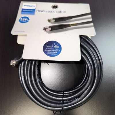 Philips 25 ft (7.6 m) Audio/Video RG6 Coax Cable - Universal - Black - Brand New