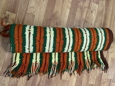 Vintage crocheted striped afghan with fringe - hand made - 75x60 inch