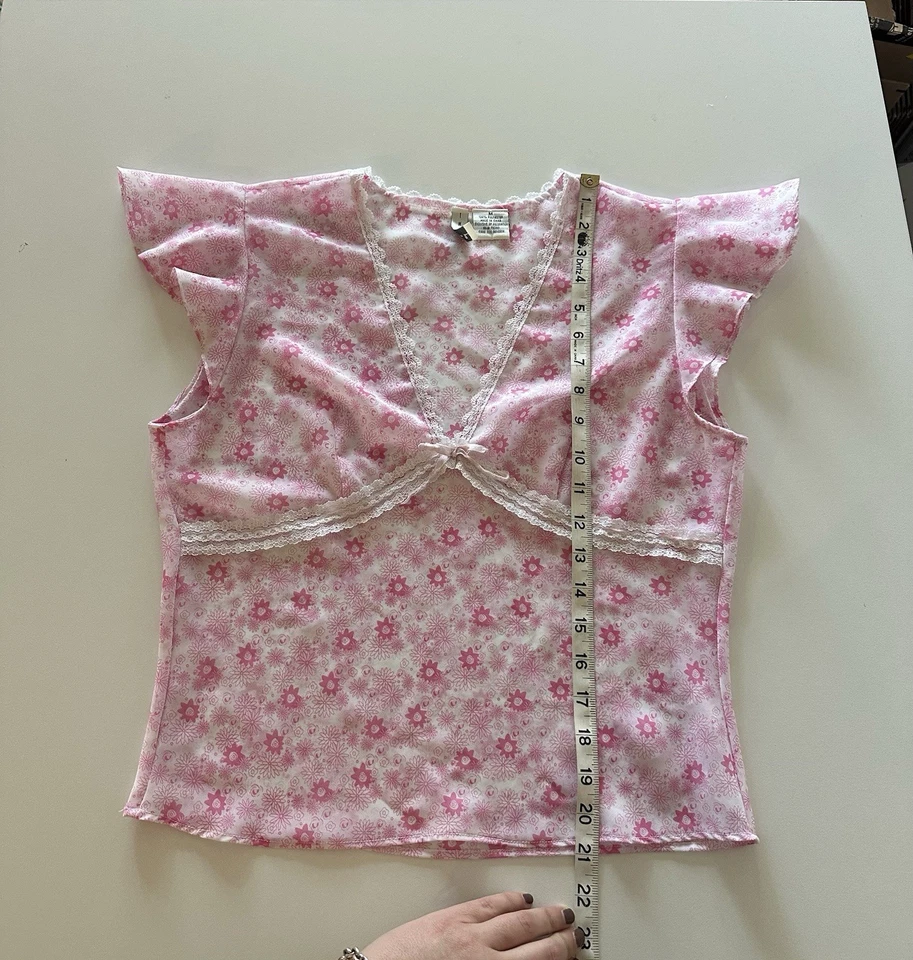 Vintage Y2K Twiggy Pink Floral Sheer Babydoll Bow Top Blouse M - Image 3 of 4