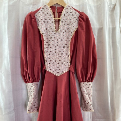 Vintage 70s Handmade Pink Prairie Dress Rust Maxi Eyelet Cuffs Cottagecore