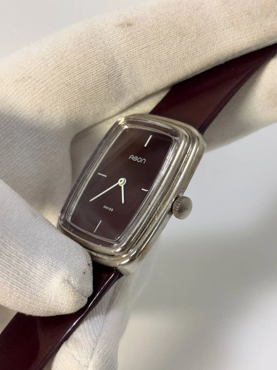 Vintage 1970s Agon Swiss Burgundy Dial TV Case Manual Wind Watch 31x37mm Tank image 7