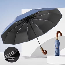 Fully Automatic Wooden Handle Curved Hook Windproof Sunscreen Folding Umbrella f