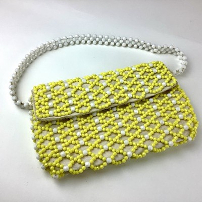 Vintage Yellow & White Beaded Lattice Pattern Purse Handmade in Hong Kong