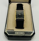 VTG Seiko Quartz Mens Tank Watch 7N00-5B29 Black Dial Calfskin Band Original Box