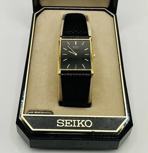 VTG Seiko Quartz Mens Tank Watch 7N00-5B29 Black Dial Calfskin Band Original Box