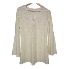 Flying Tomato Cream Crochet Lace V Neck Bell Sleeve Tunic Blouse Large