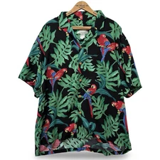 Vintage 90s Paradise Found Hawaiian Black Shirt Mens XL Magnum Pi Parrots Rayon