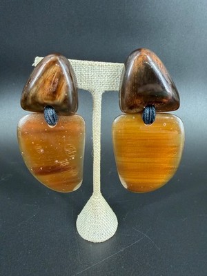 Vintage Gerda Lynggaard Monies Dangle Acrylic & Yarn Earrings Chunky