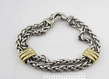 David Yurman Two Tone Double Strand Wheat Chain Bracelet 18k Gold .925 Sterling