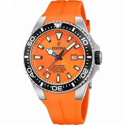 Festina F206644 Men's Orange Rubber Strap Analog Dial Quartz Watch 45.7 mm