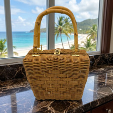 VTG Wicker Rattan Handbag Hand Made Structured Box Purse Bamboo Top Handle