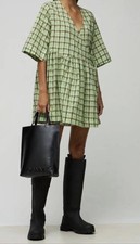 GANNI Seersucker Check Wrap Mini Dress Green Cotton Oversized Plaid Size...