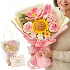 Crochet Flower Bouquet, Pink Handmade Knitted Flowers with Bag and Card