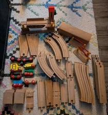 VTG BRIO Wooden Train Set Lot of 50 Pieces Tracks Buildings Vehicles & MORE Wow