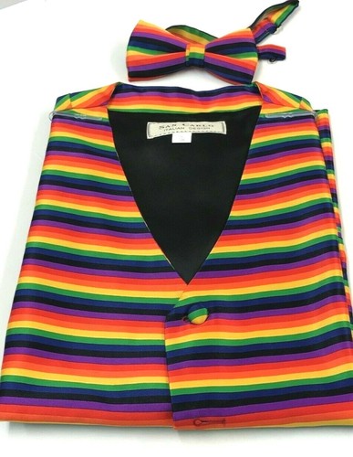 MEN'S RAINBOW DESIGN WAISTCOAT & BOW TIE SET WEDDING PARTIES - Picture 2 of 4
