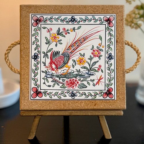 Vintage Hand-Painted Bird Portugal Tile or Trivet in Cork ~ 7.25" - Picture 2 of 8