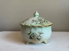 Limoges Candy Trinket Dish, Greenish, Daisies, Lid, Gold, 3 Footed, Vintage