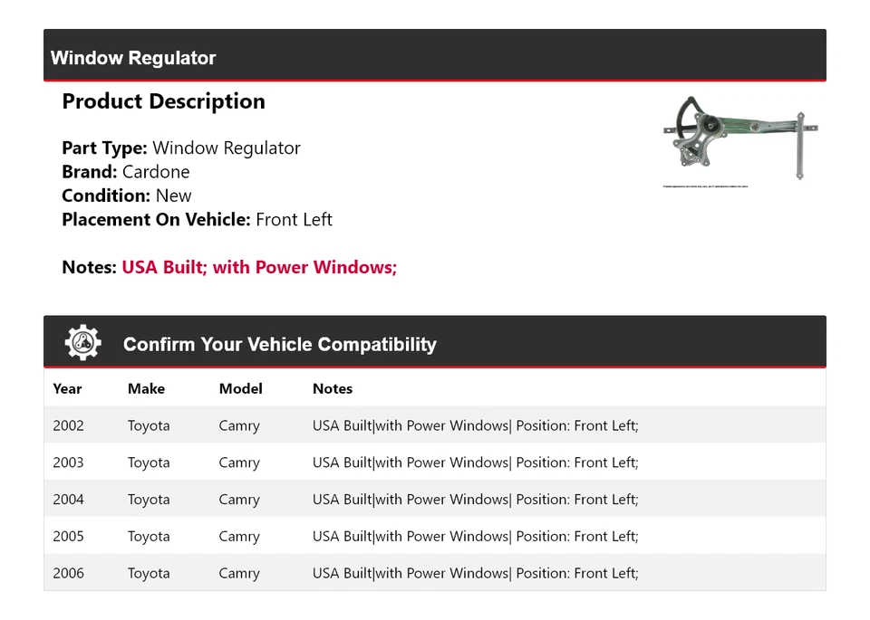 Regulador de ventana delantero izquierdo cardone 2003 2004 2005 Toyota Camry 2002-2006 Foto 2 de 4
