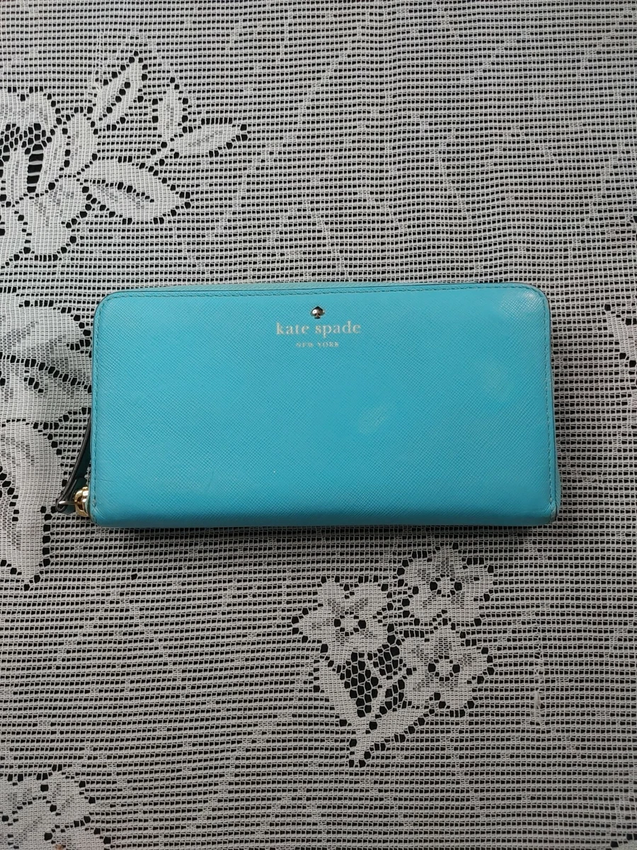 Kate Spade New York Leather Zip Around Wallet S363 Teal Blue Inner Polka Dot