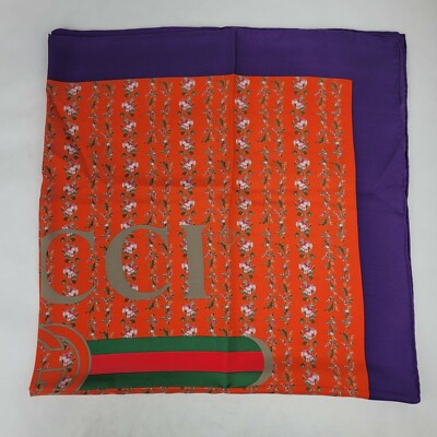 Gucci Orange Silk Purple Edge Floral Print and GRG Logo Square