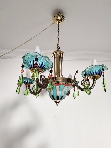 Vintage Retro Glass Green Blue Hand Painted Dining room Chandelier Light Ceiling - Picture 3 of 9