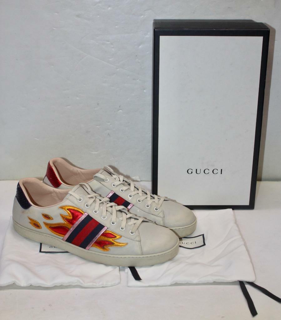 GUCCI Beige Leather Ace Flames Low Top Sneakers Shoes 13 UK / 13.5 USA | eBay