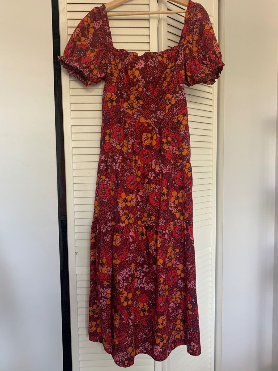 Women's multicolor Rahi floral midi dress puff sleeves tiered seams size S  | eBay