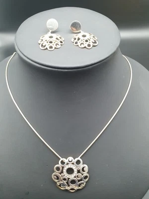 925 Silber Set Kette + Ohrringe, mit Strasssteinen, 16,3 Gr, Runde Ornamente - Bild 1 von 4