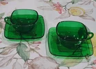 2 SETS VTG Anchor Hocking Square Charm Forest Green Cups & Saucers MCM EXCELL