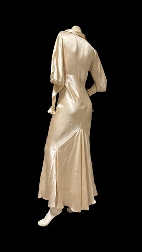 Antique 1920s 1930s Bias Cut Liquid Satin Wedding Gown Leg Of Mutton Sleeves S - Picture 5 of 21