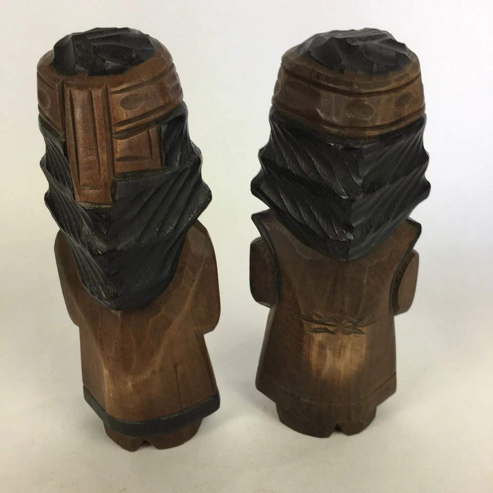 Juego de 2 piezas de estatua japonesa de madera Hokkaido Ainu Nipopo de colección Okimono marrón AB90 Foto 4 de 4