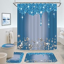 4 Pcs Glitter Diamond Shower Curtain Sets Shiny Drips Bath Decor with Rugs Blue