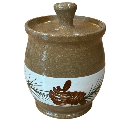 Mill Creek Pottery Stoneware Pine Cone Design Glazed Sm Crock W/Lid RUSTIC VTG