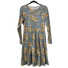 Floral Pleated Long Sleeve Blue Midi Dress Medium Soft Spring Cottagecore Trad