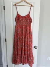Max Studio Cotton Blend Red Floral Smocked Strappy Sleeveless Maxi Sundress L