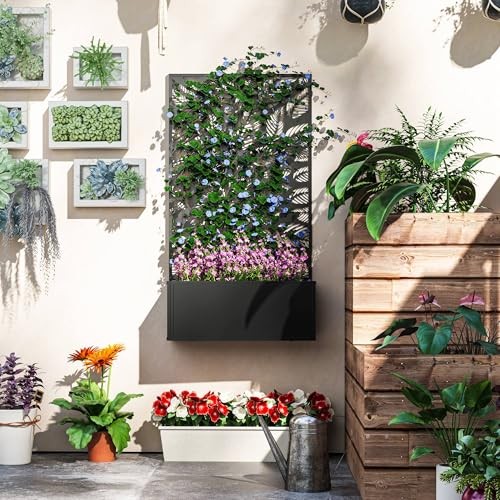  Metal Raised Garden Bed with Trellis for Climbing Small Leaves Cut-Outs