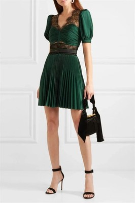 SELF-PORTRAIT Green Lace-paneled Pleated Crepe Mini Dress UK 8 US 4