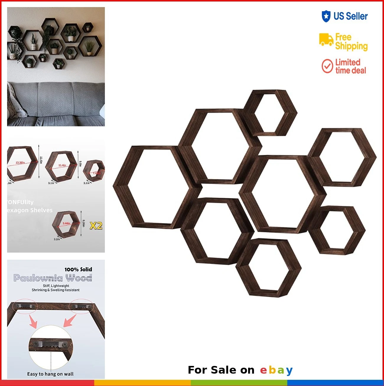 Hexagon Floating Shelves Set of 6 Solid Wood Wall Mount Storage Decor