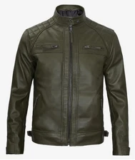 Men's Olive Green Real Lambskin Leather Biker Jacket Quilted Cafe Racer MotoCoat