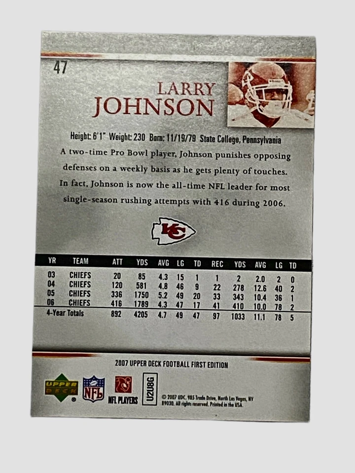 Larry Johnson Signed 2007 Upper Deck Chiefs Autograph  - Image 2 of 2