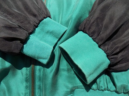 Vtg Retro Tulliano Silk Emerald Green Black Sleeves Bomber Jacket Sz M Retro EUC - 第 7/14 張圖片