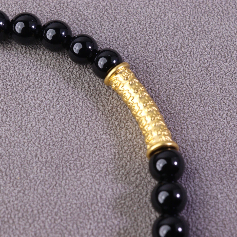 Brazalete de cuentas de ágata negra de 6 mm tubo largo Lucky Fu de oro amarillo puro 999 24K Foto 3 de 4
