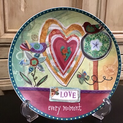 Lori Siebert  LOVE EVERY MOMENT Folk Art Sentiment Plate Trinket Heart Bird New