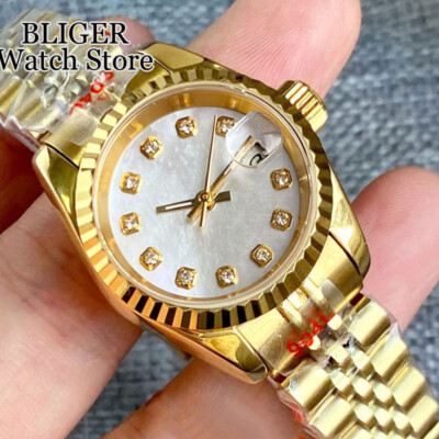 BLIGER Shell Dial 26mm NH05 Automatic Women Watch Silver Rose Gold Diamond Index